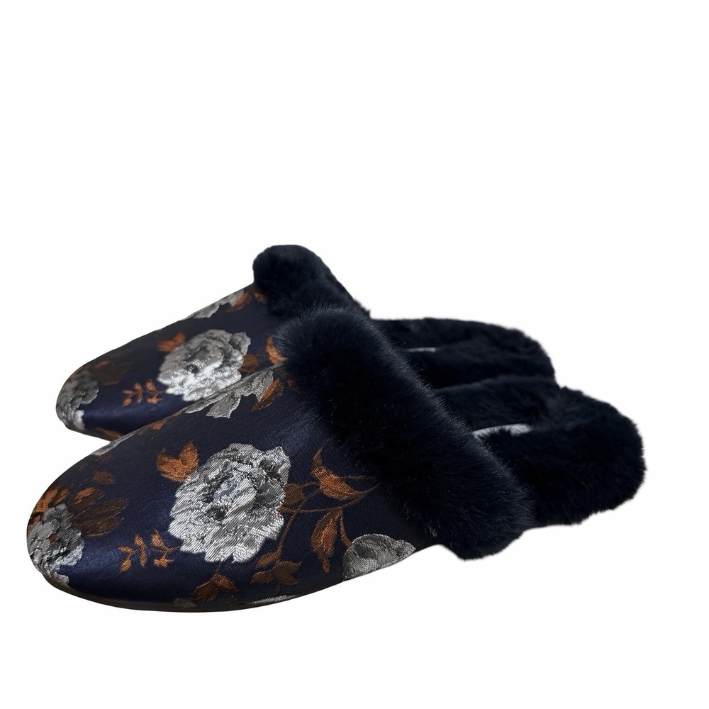 Johnny Was Womens Floral Jacquard Faux Fur Mule Slipper Size 9 Navy Lounge NWOB